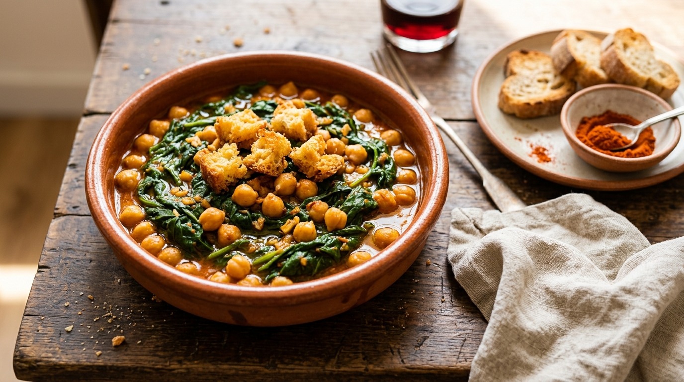 Spinach and chickpeas tapa recipe in a clay bowl