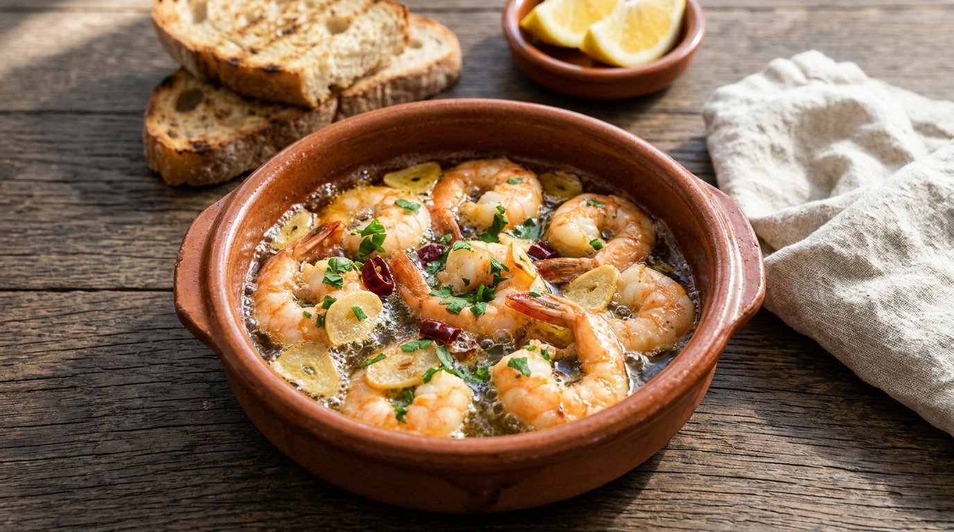Garlic shrimp sizzling in olive oil in a terracotta dish