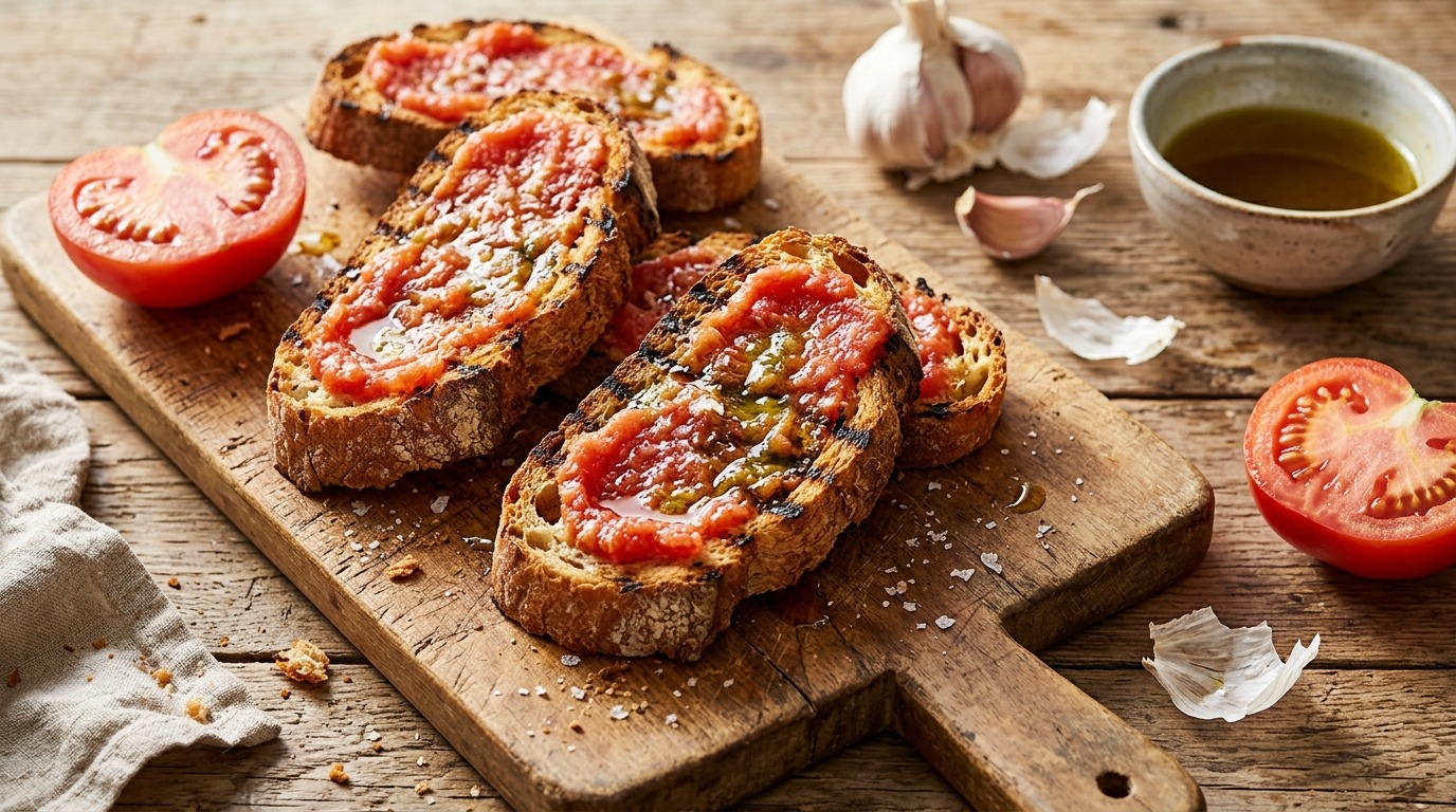 Toasted bread rubbed with tomato and olive oil on a cutting board