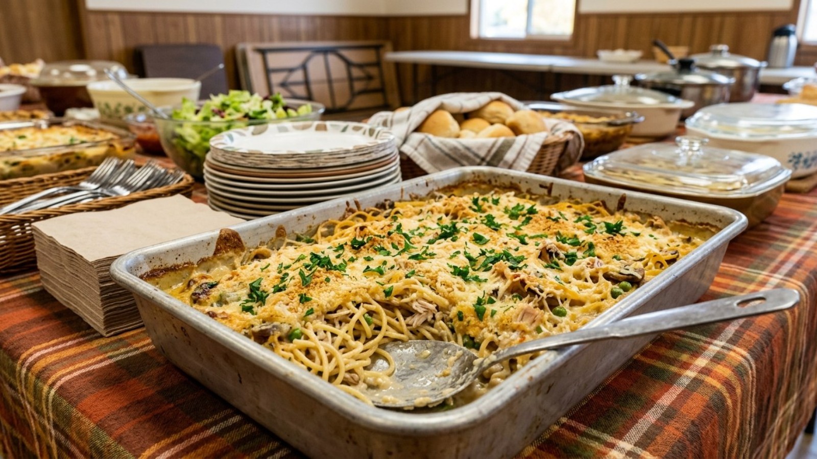 Big pan of turkey Tetrazzini on a potluck table, crowd-size Tetrazzini recipes