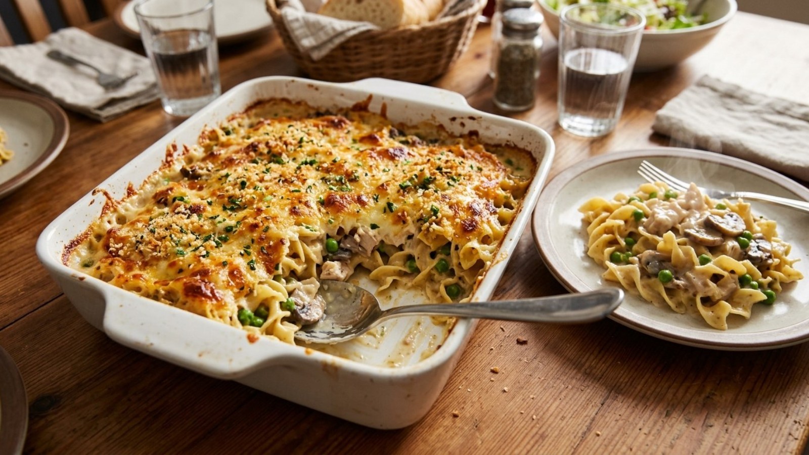 Egg noodle chicken casserole with mushrooms and a bubbly cheese top