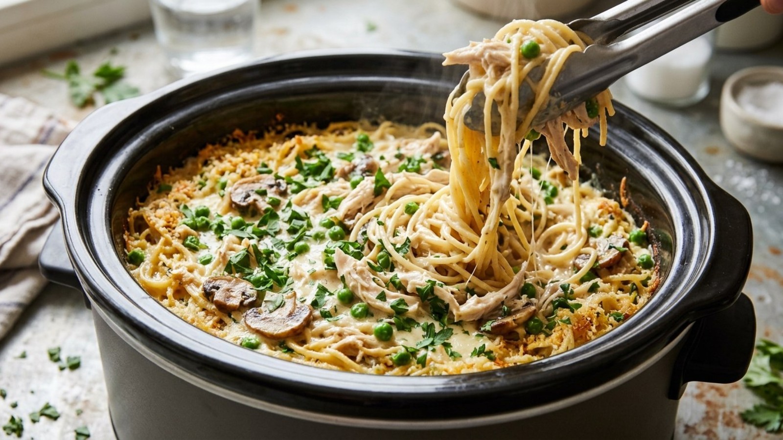 Creamy chicken spaghetti being lifted from a slow cooker, one of the easiest Tetrazzini recipes