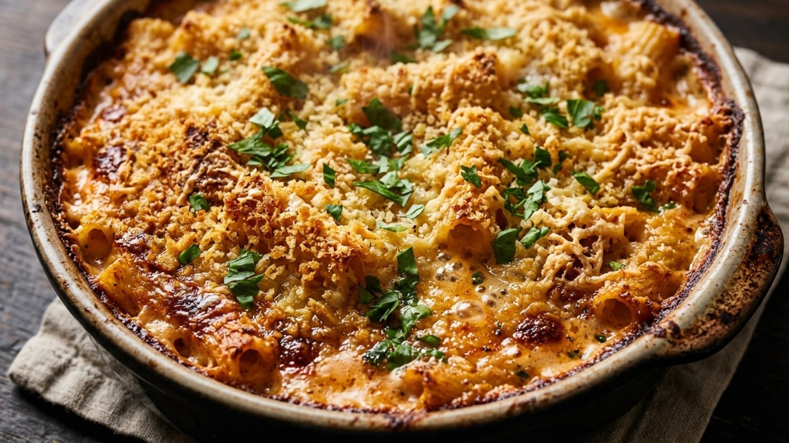 Golden panko and Parmesan crust on a creamy pasta bake