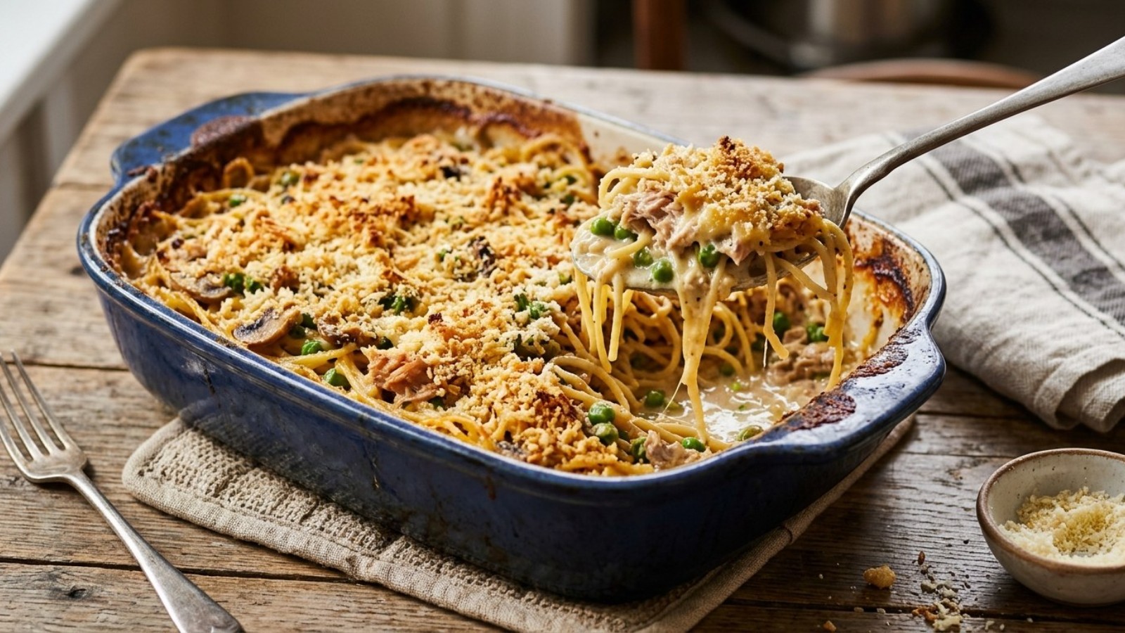 Tuna Tetrazzini casserole with peas under a golden breadcrumb crust