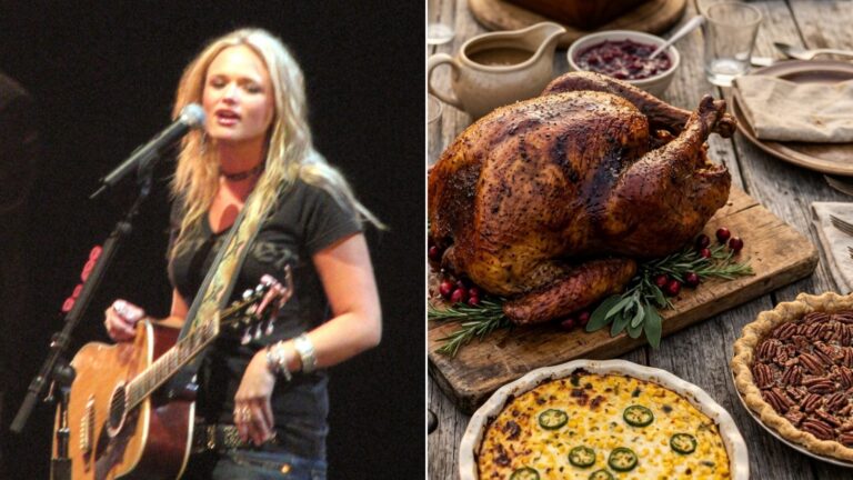 Miranda Lambert singing with a guitar next to a Texas Thanksgiving table full of Texas Thanksgiving recipes