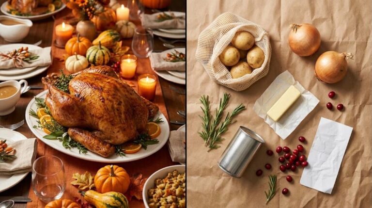 Thanksgiving dinner on a budget: roast turkey beside simple grocery staples