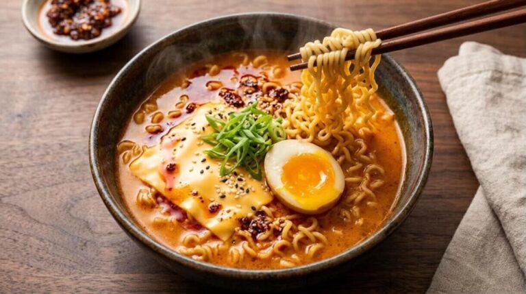 Upgraded instant ramen with a jammy egg, melted cheese and chili oil