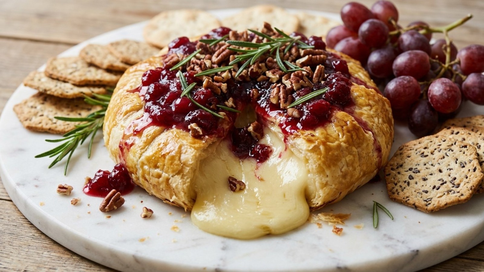 Baked brie in puff pastry with cranberry and pecans, the ultimate holiday party food