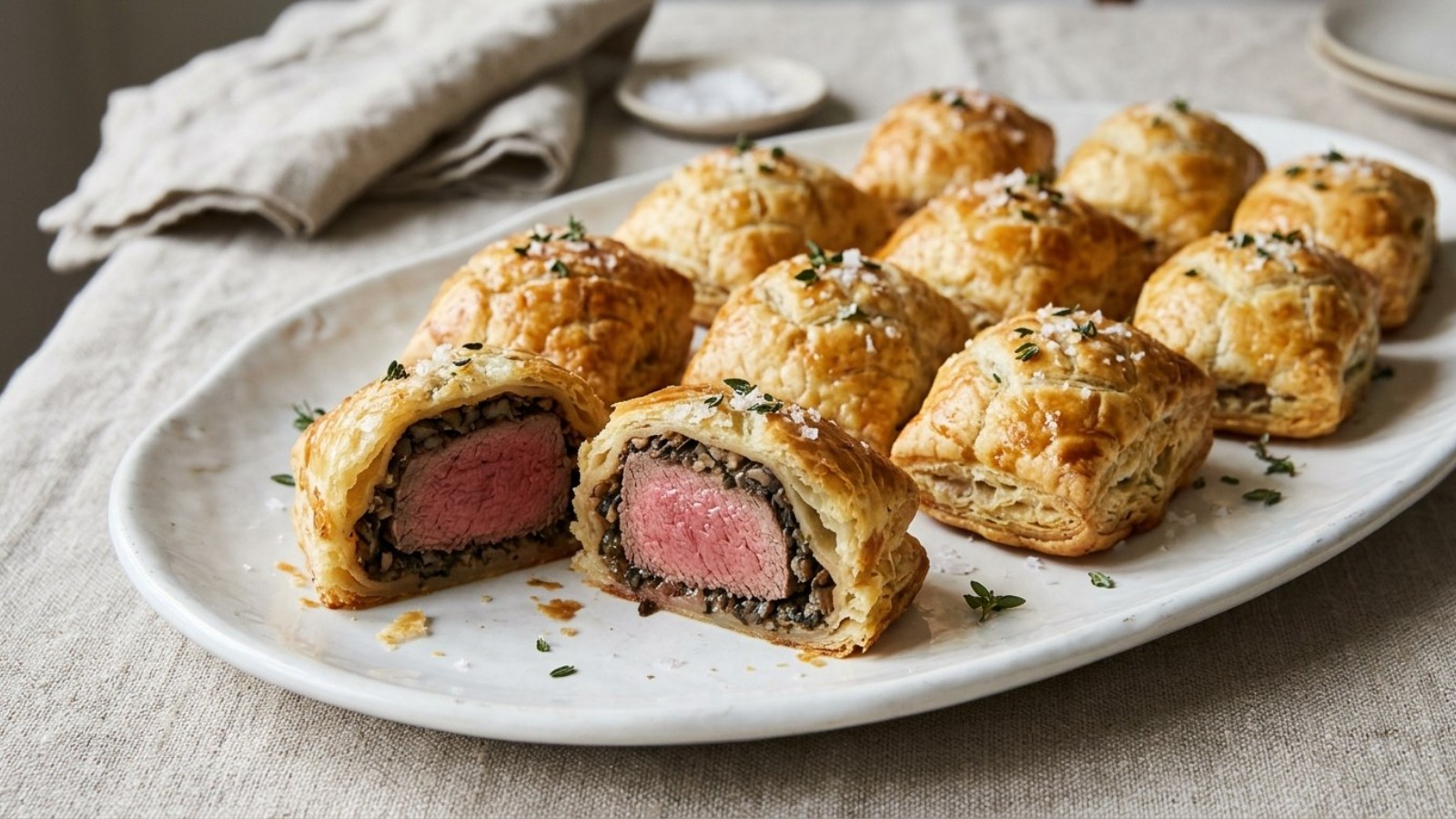 Mini beef Wellington bites on a white platter