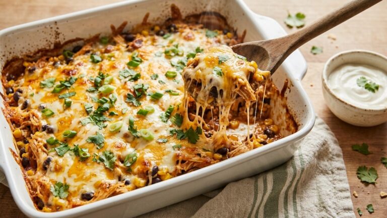 Salsa chicken, black bean and rice bake with melted cheese, one of the best high-protein dump and bake dinners