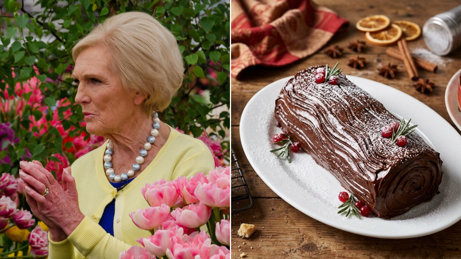 Mary Berry next to a chocolate Yule log, a Mary Berry Christmas classic