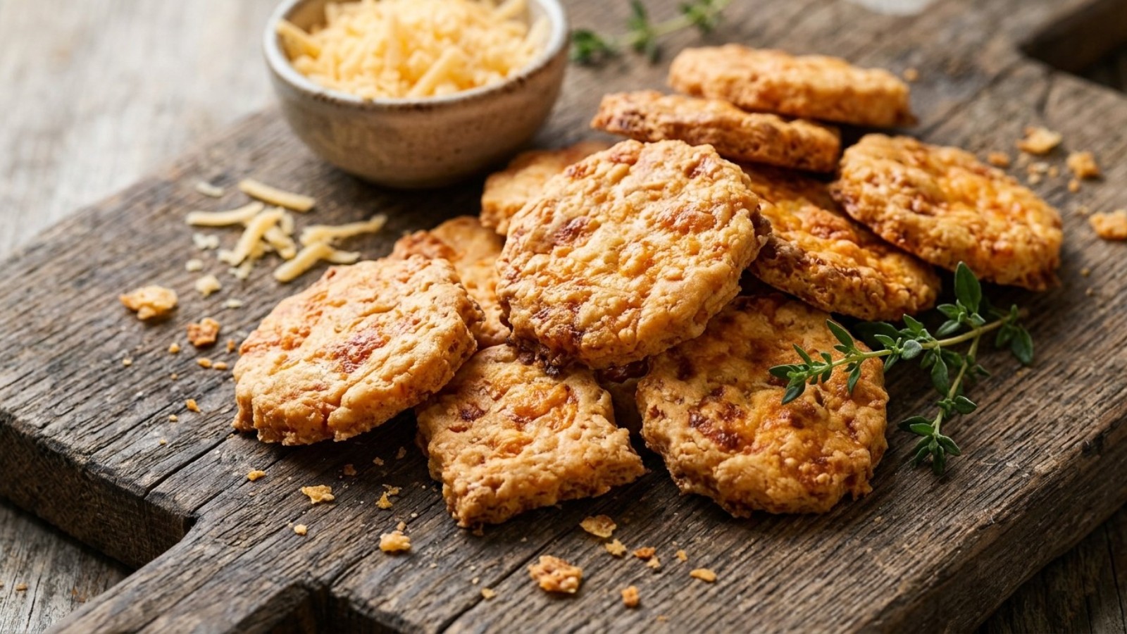 Rustic homemade cheddar cheese crackers on a wooden board, a Nara Smith from scratch favorite