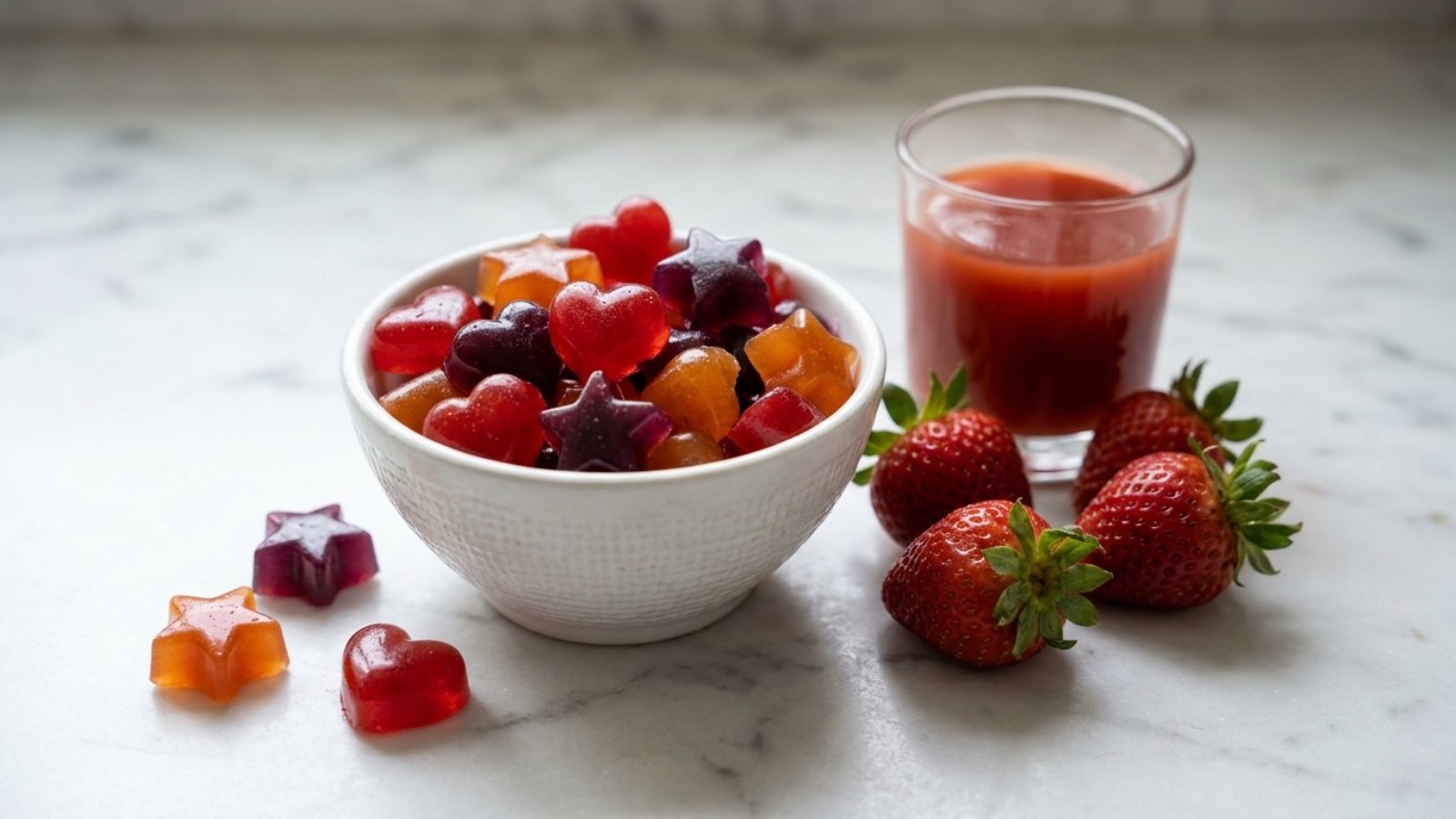 Homemade fruit juice gummies in heart and star shapes