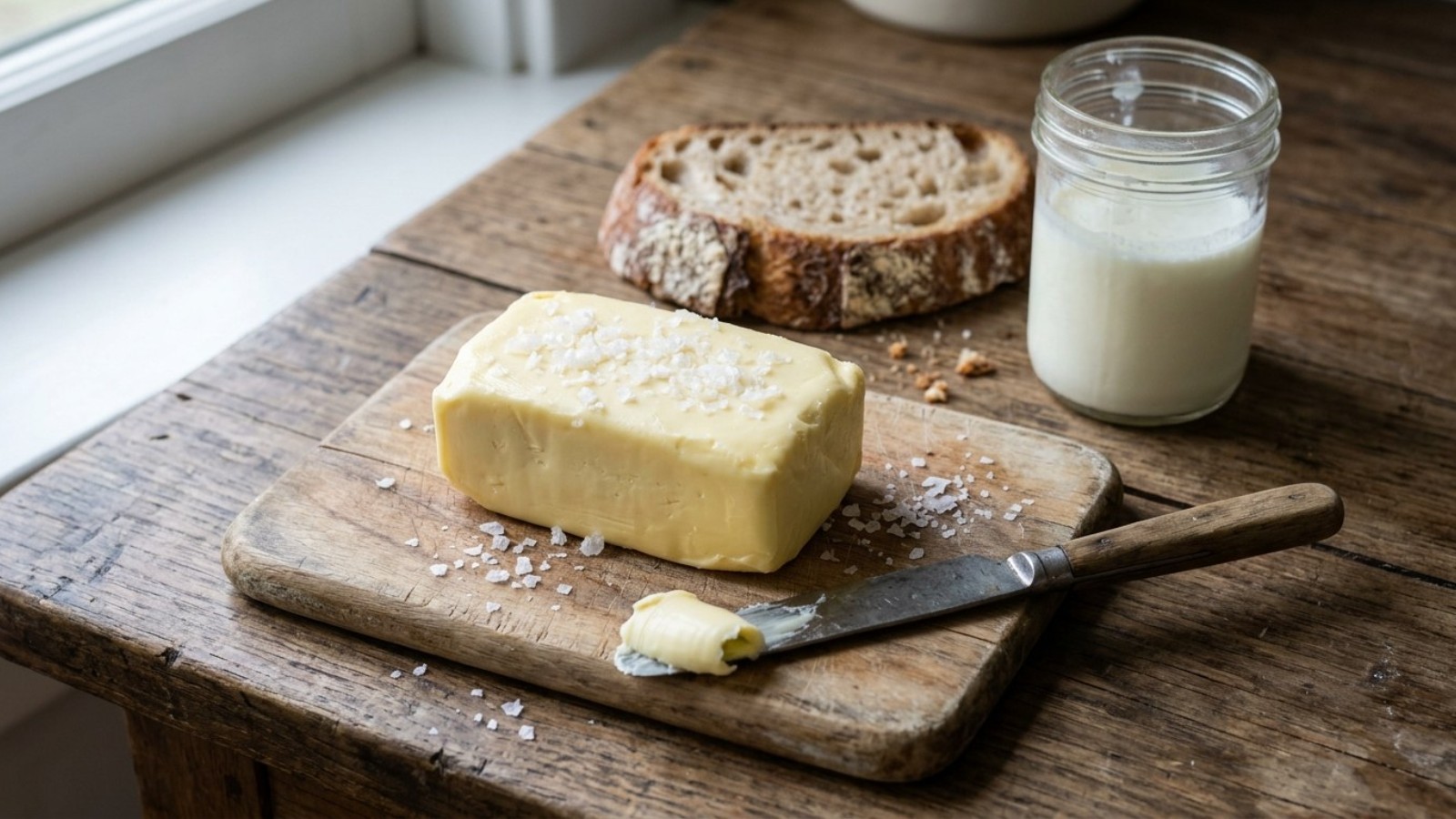 Fresh homemade butter with sea salt on a wooden board