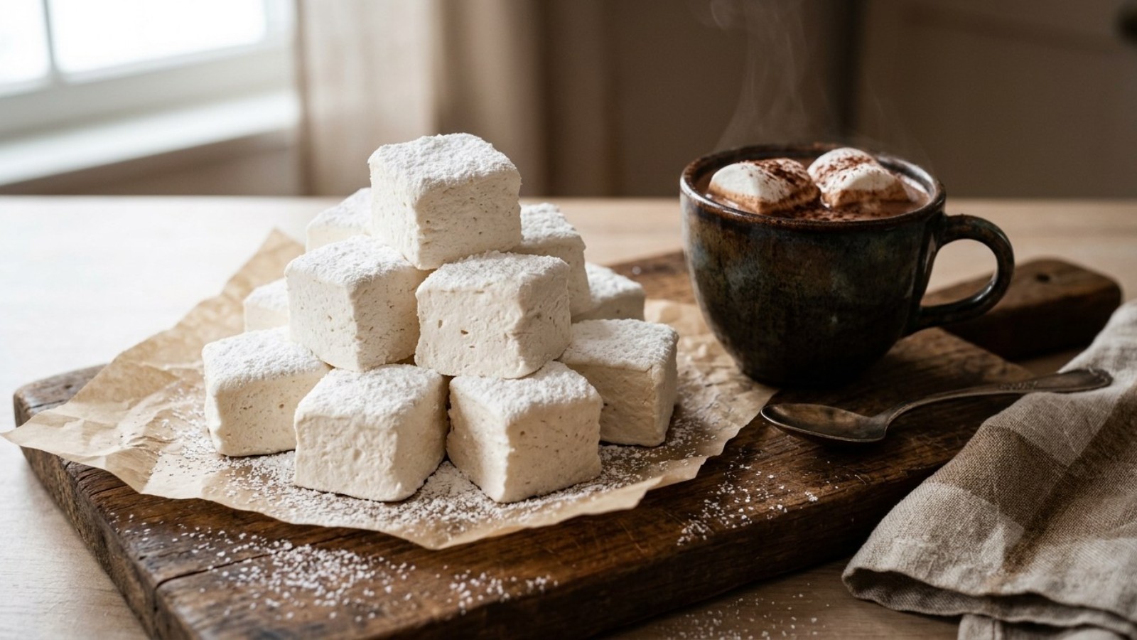 Fluffy homemade marshmallows next to hot cocoa, a sweet Nara Smith from scratch project