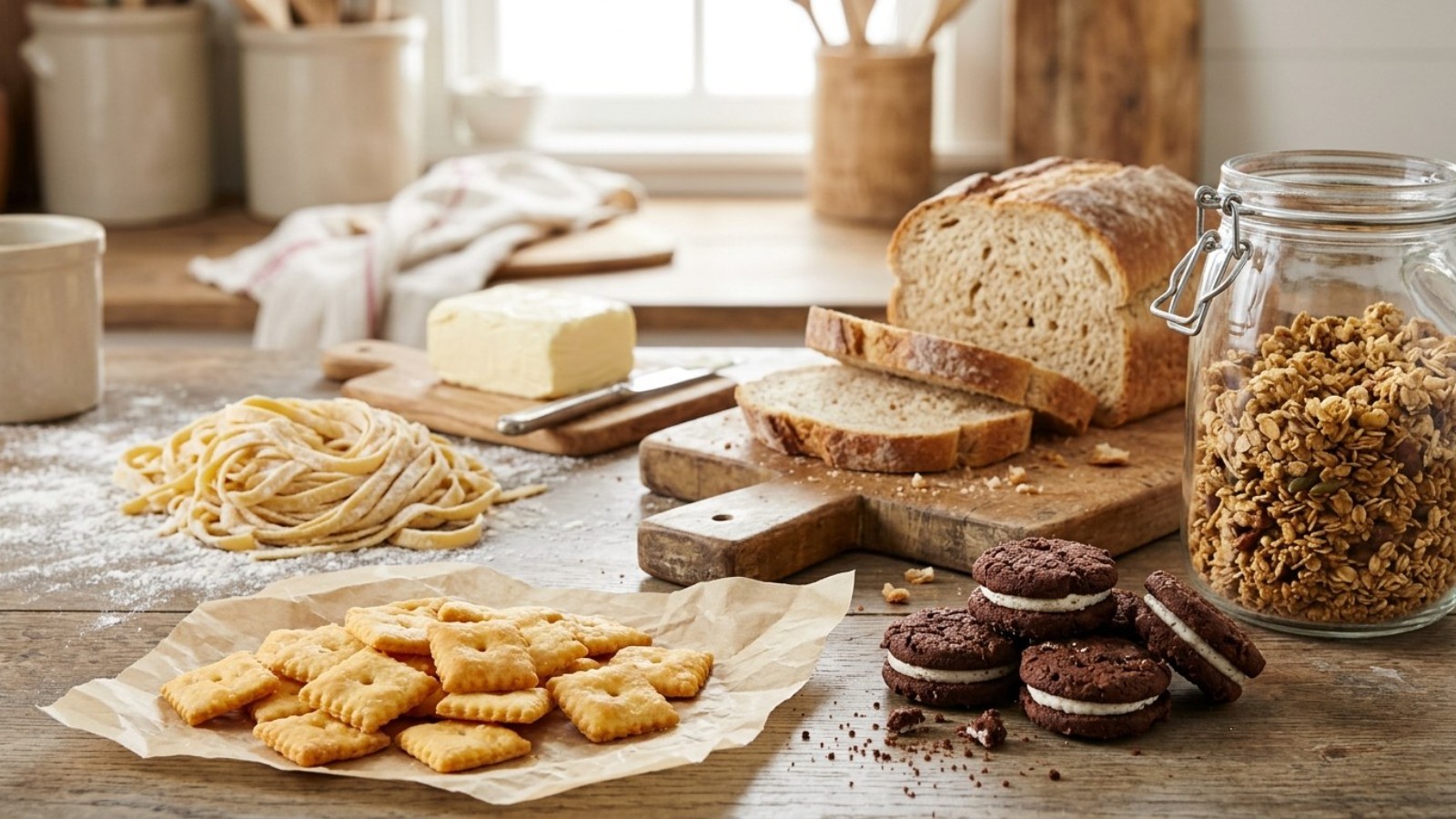 Homemade cheese crackers, sandwich cookies, granola, bread, butter and fresh pasta made from scratch, the Nara Smith from scratch way