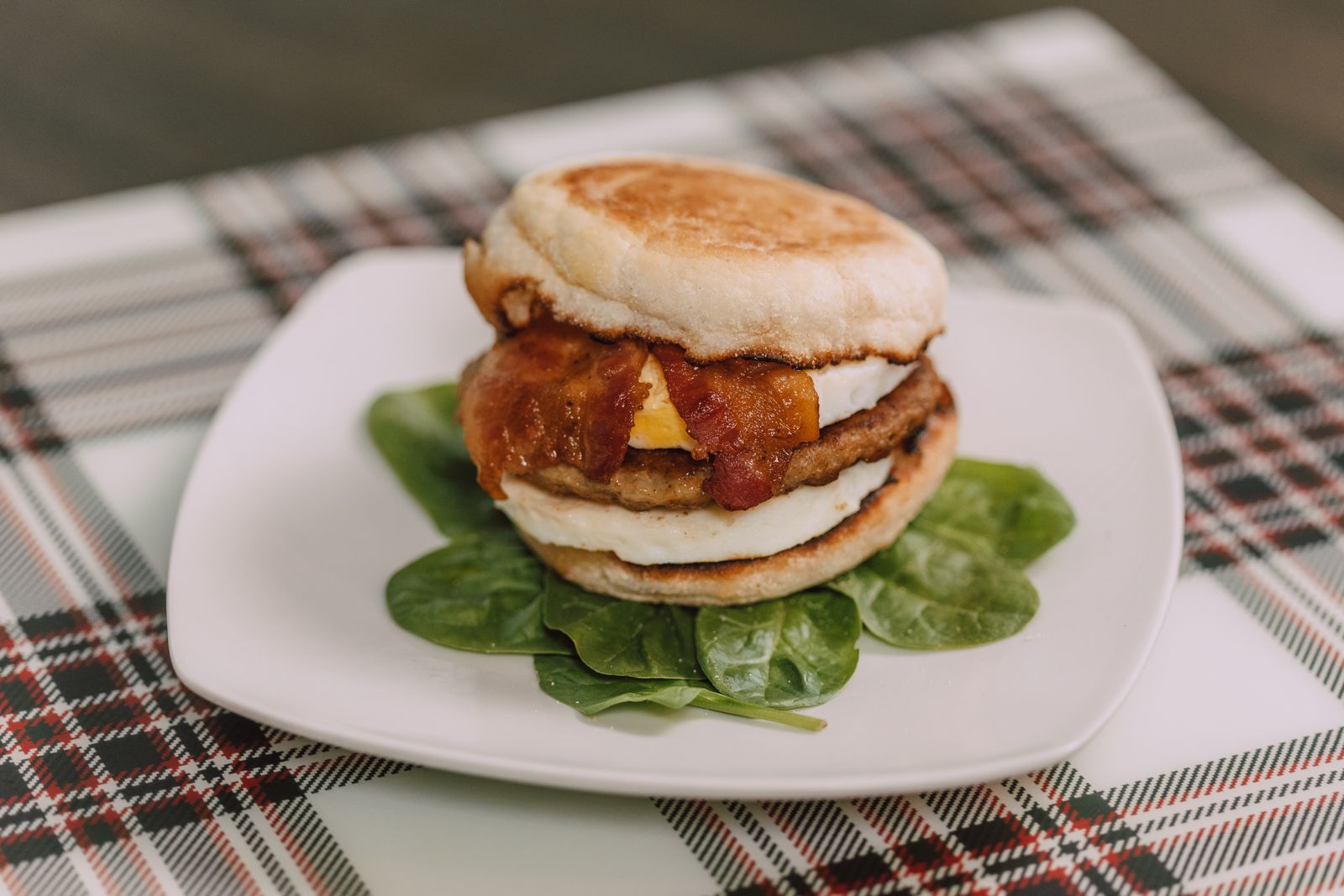 Breakfast sandwich on a toasted homemade English muffin