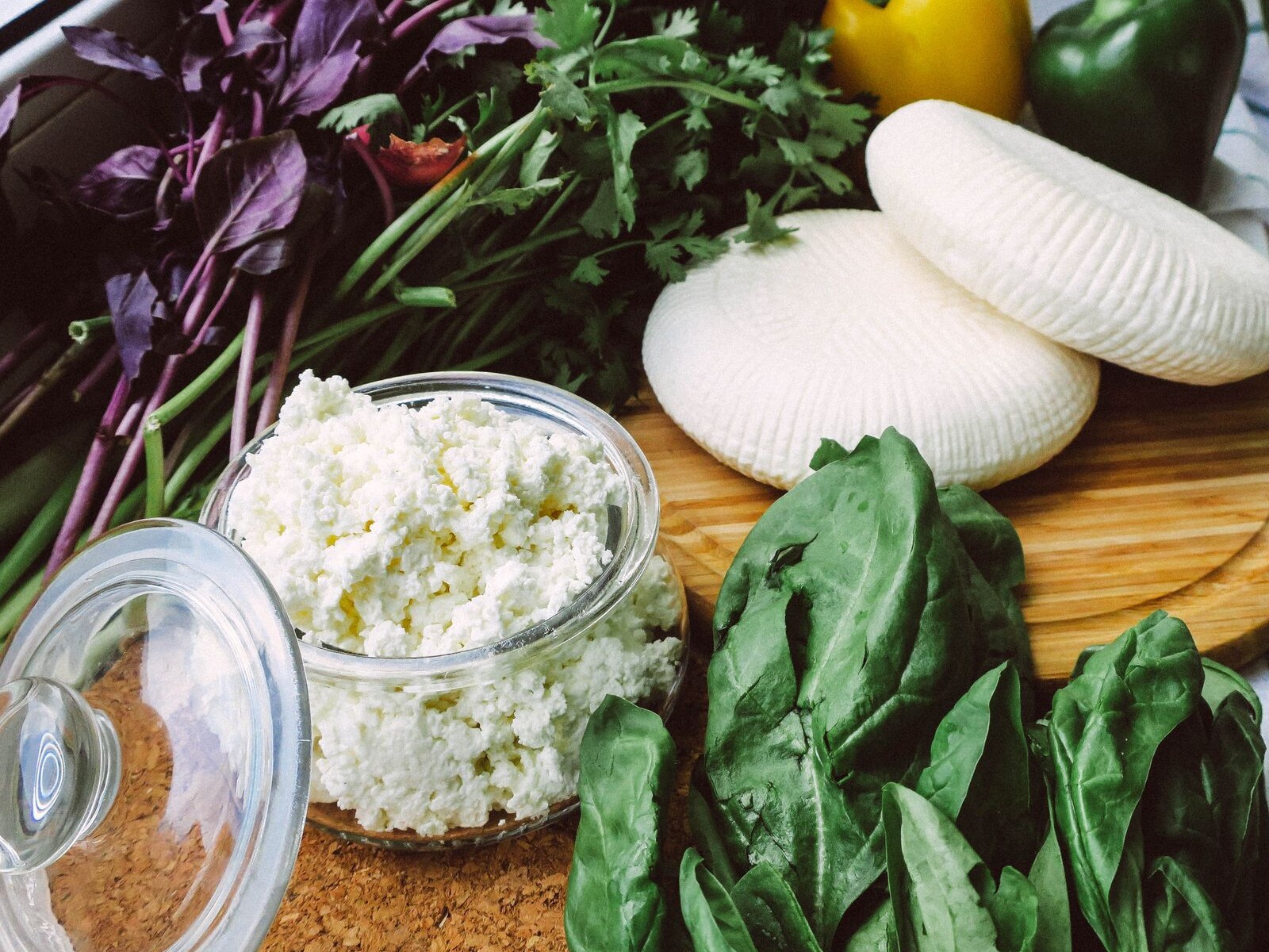 Fresh homemade ricotta cheese with leafy greens