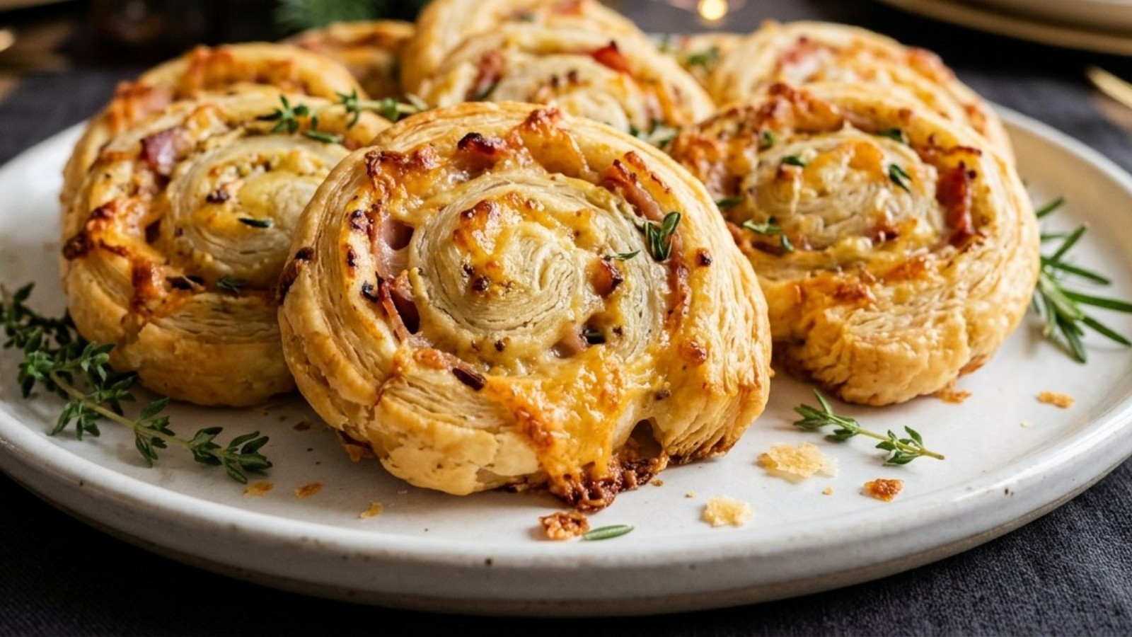 Ham and cheese puff pastry pinwheels on a white platter