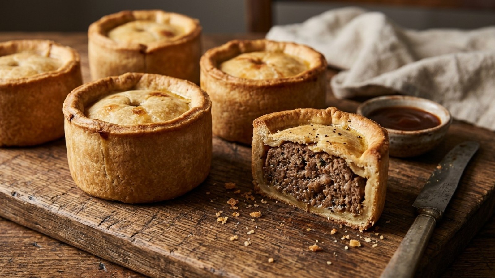 Mini Scotch pies with a raised hot water crust, one cut open