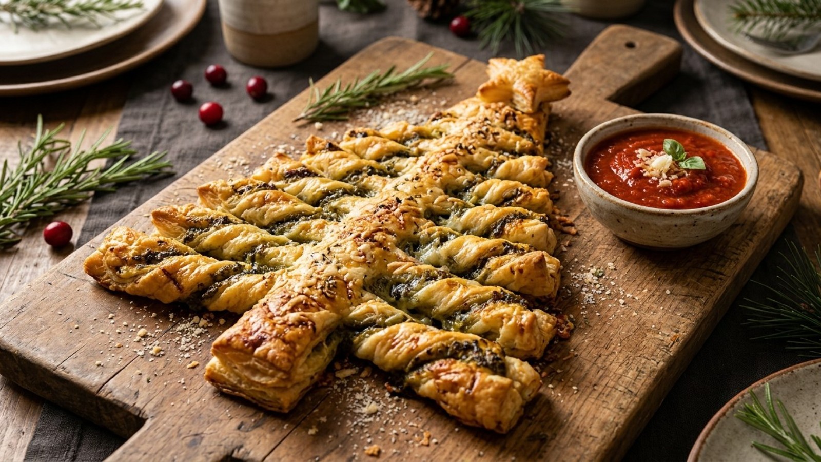Puff pastry Christmas tree with pesto and parmesan
