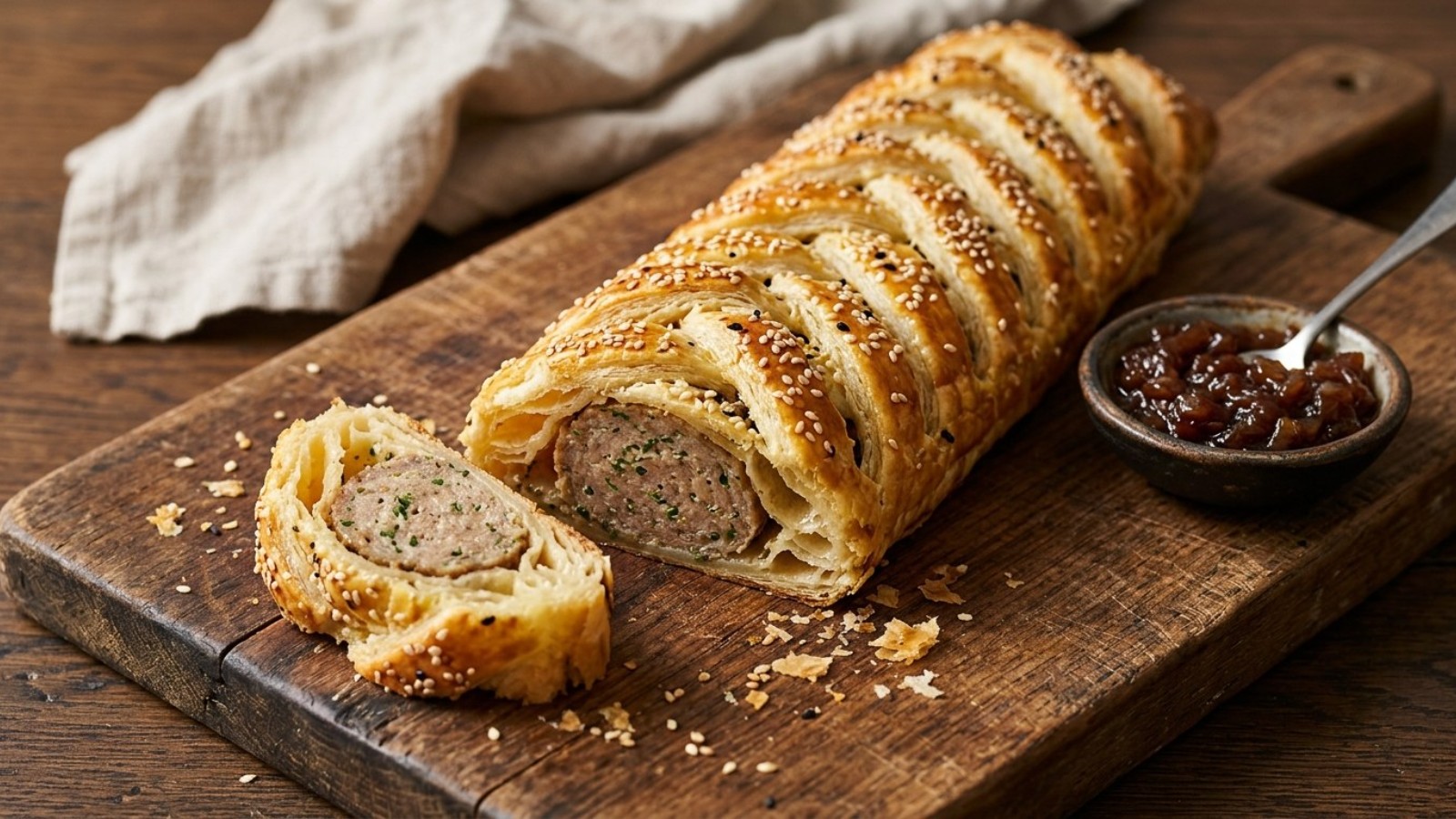 Golden braided puff pastry sausage plait sliced on a board