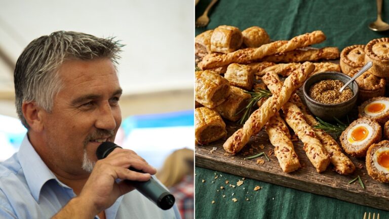 Paul Hollywood next to a board of sausage rolls, cheese straws, pork pies and Scotch eggs, classic Paul Hollywood party food