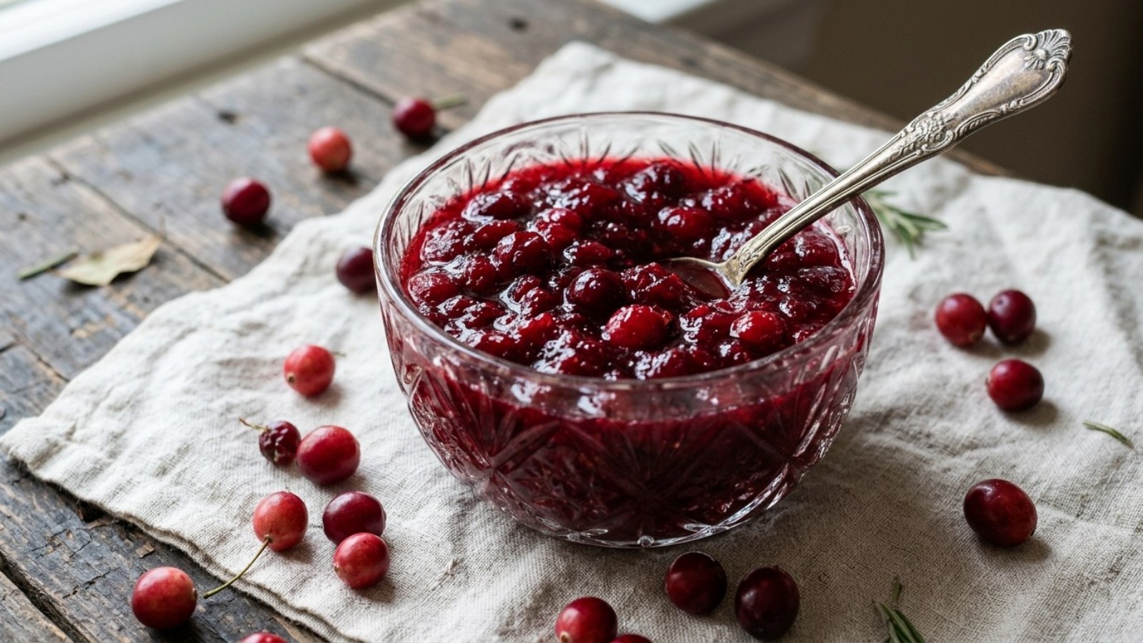 Whole-berry cranberry sauce in a vintage glass bowl