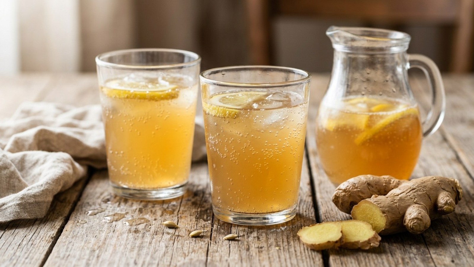 Glasses of homemade ginger beer with lemon