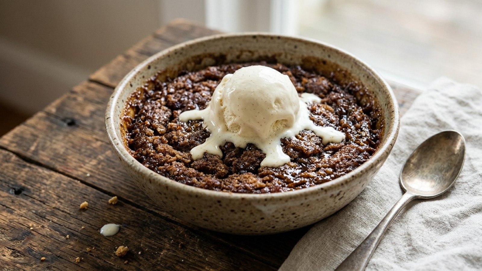 Warm Indian pudding with vanilla ice cream