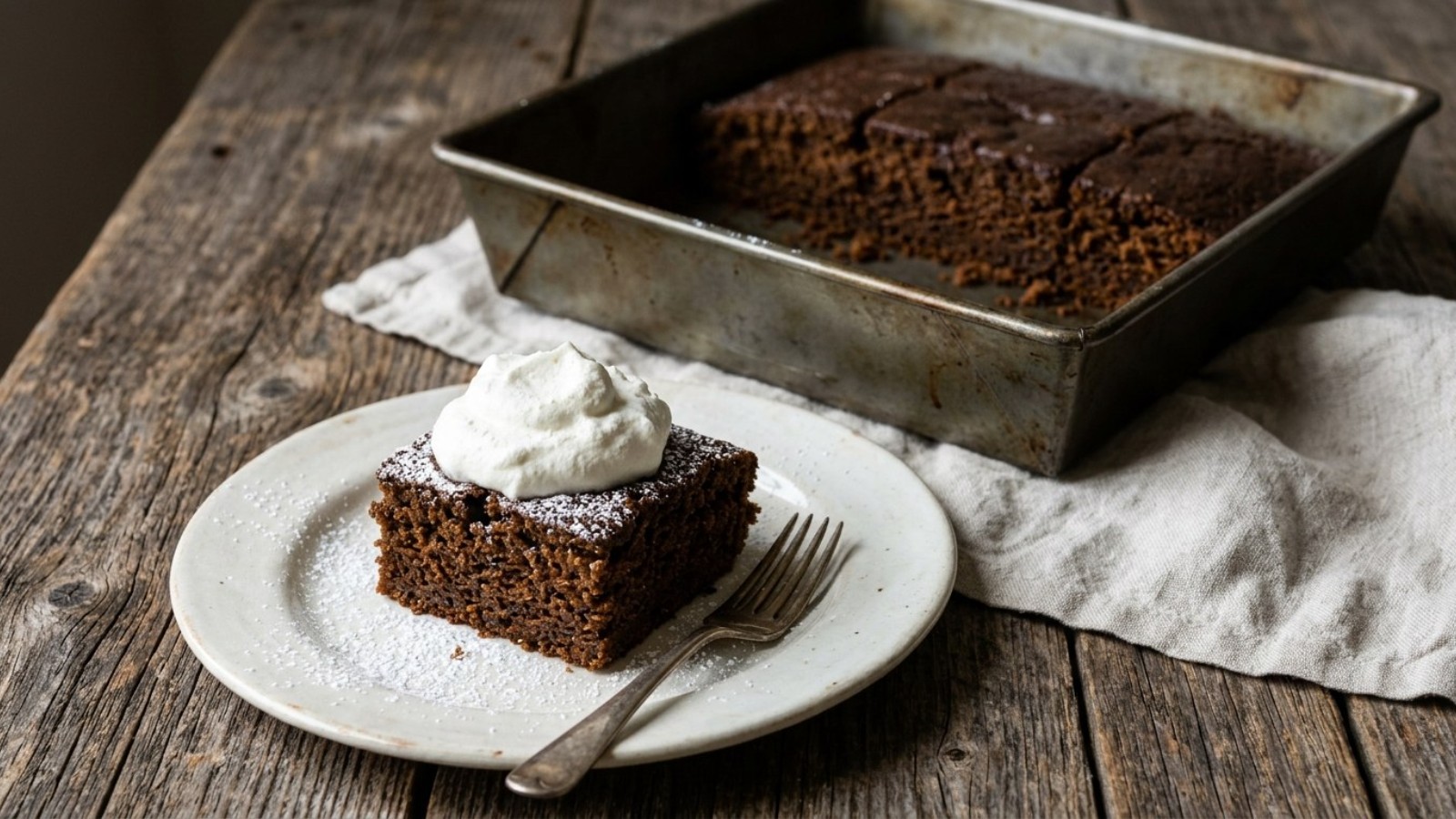 Squares of molasses gingerbread with whipped cream