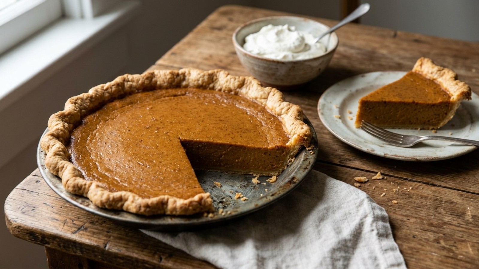 Old-fashioned pumpkin pie with a hand-crimped crust, the star of old fashioned Thanksgiving recipes