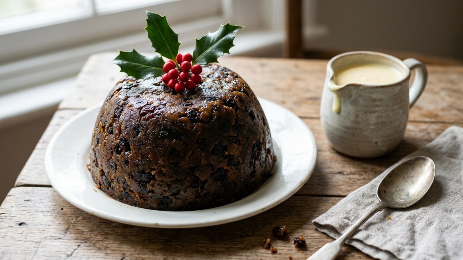 Steamed plum pudding with holly and custard