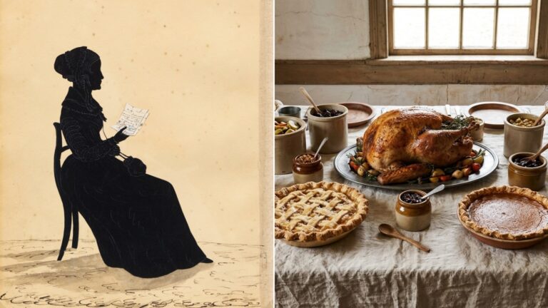 Silhouette of Sarah Josepha Hale next to an old fashioned Thanksgiving table with turkey, chicken pie and pumpkin pie