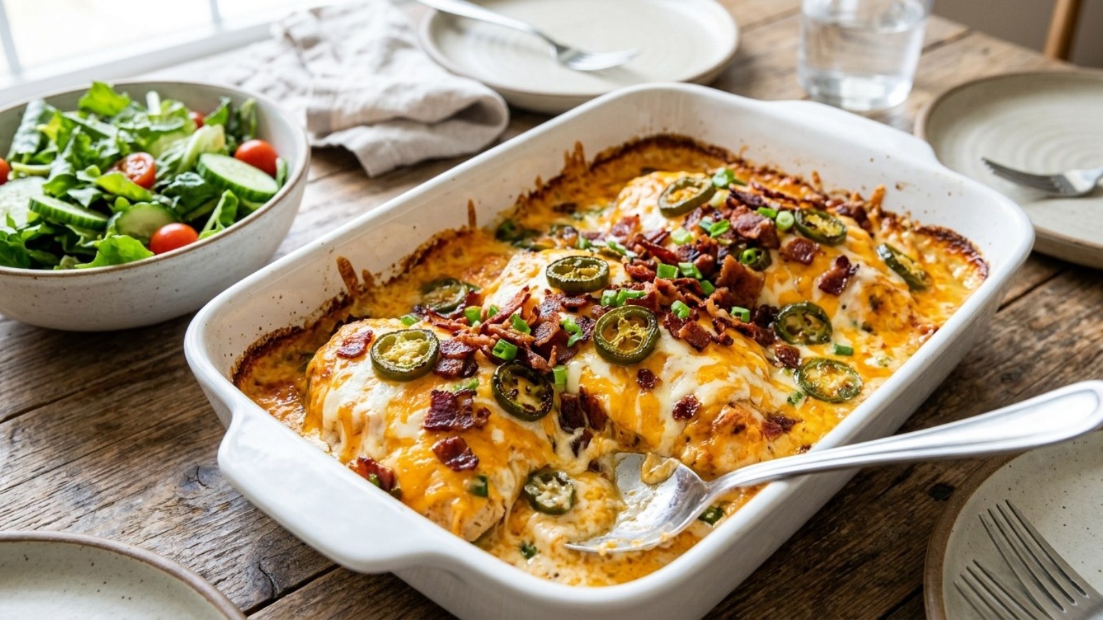 Popper chicken bake with cream cheese, cheddar, bacon and jalapeno slices
