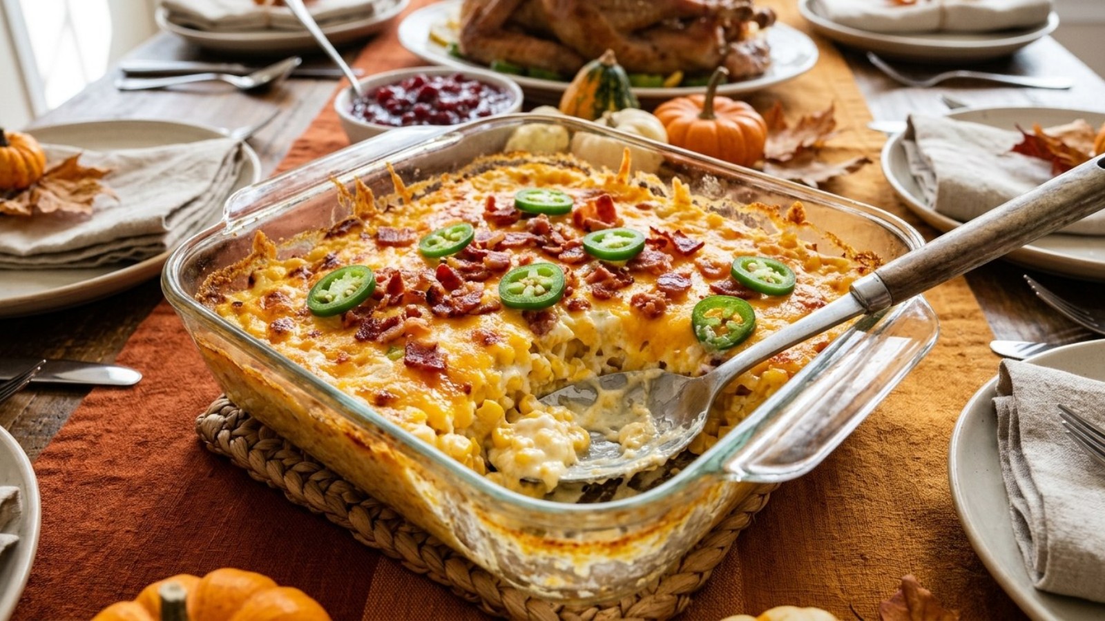 Cheesy corn casserole with bacon and jalapenos in a glass dish on a Thanksgiving table