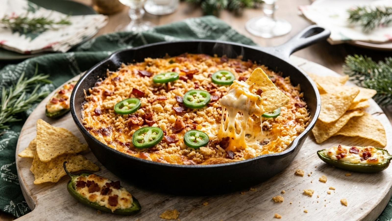 Jalapeno popper recipes: hot popper dip in a cast iron skillet with tortilla chips