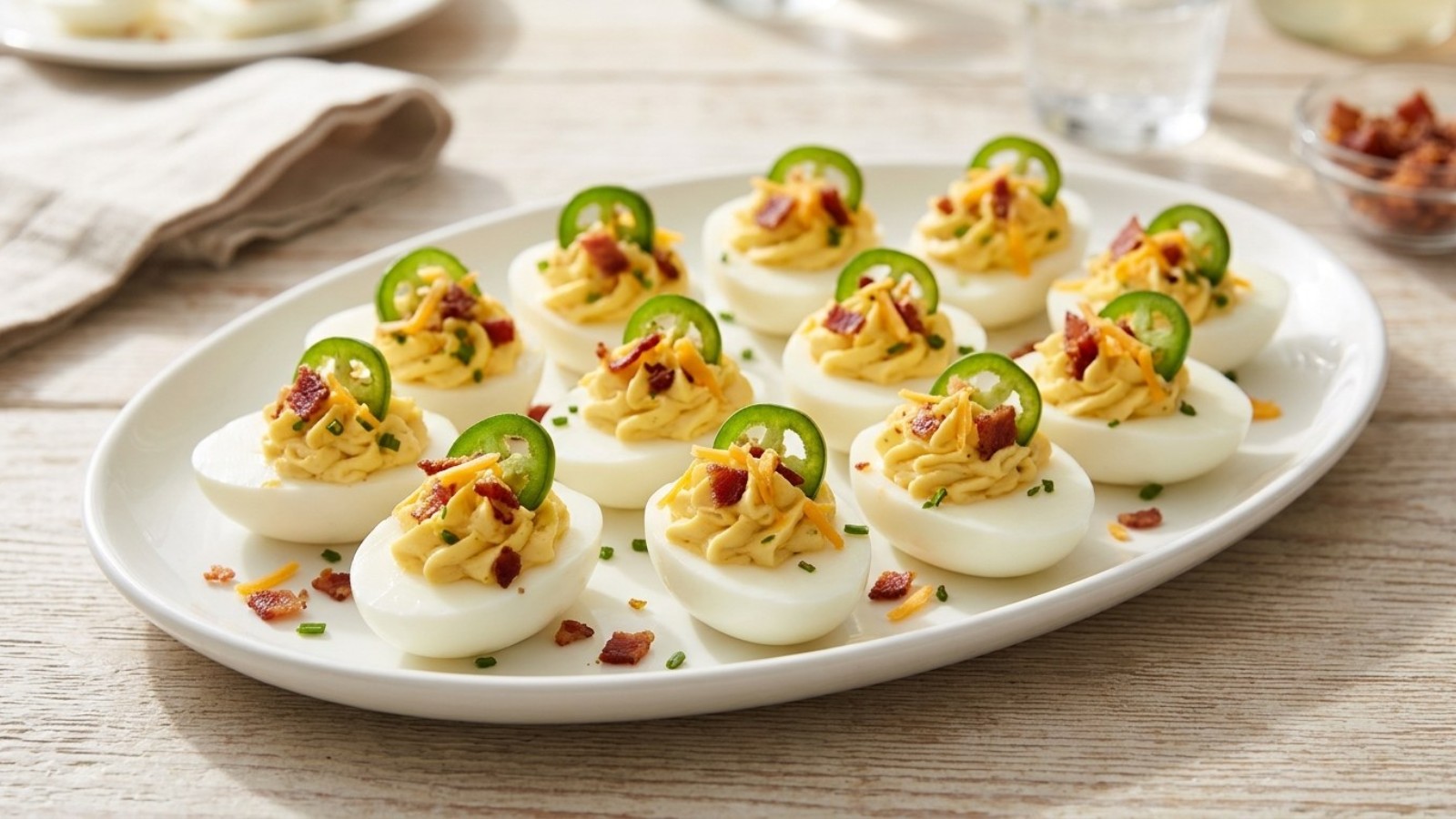 Jalapeno popper recipes: deviled eggs topped with bacon, cheddar and jalapeno slices