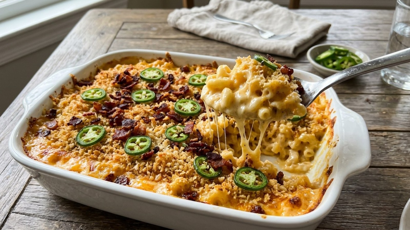 Jalapeno popper recipes: baked mac and cheese with a crunchy crumb top and jalapeno slices