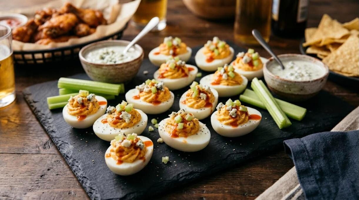 Buffalo appetizer bites with blue cheese and celery
