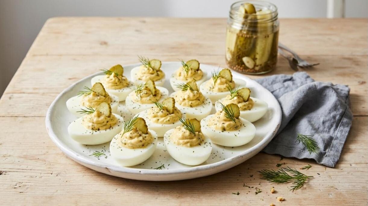 Deviled eggs with pickle slices and fresh dill