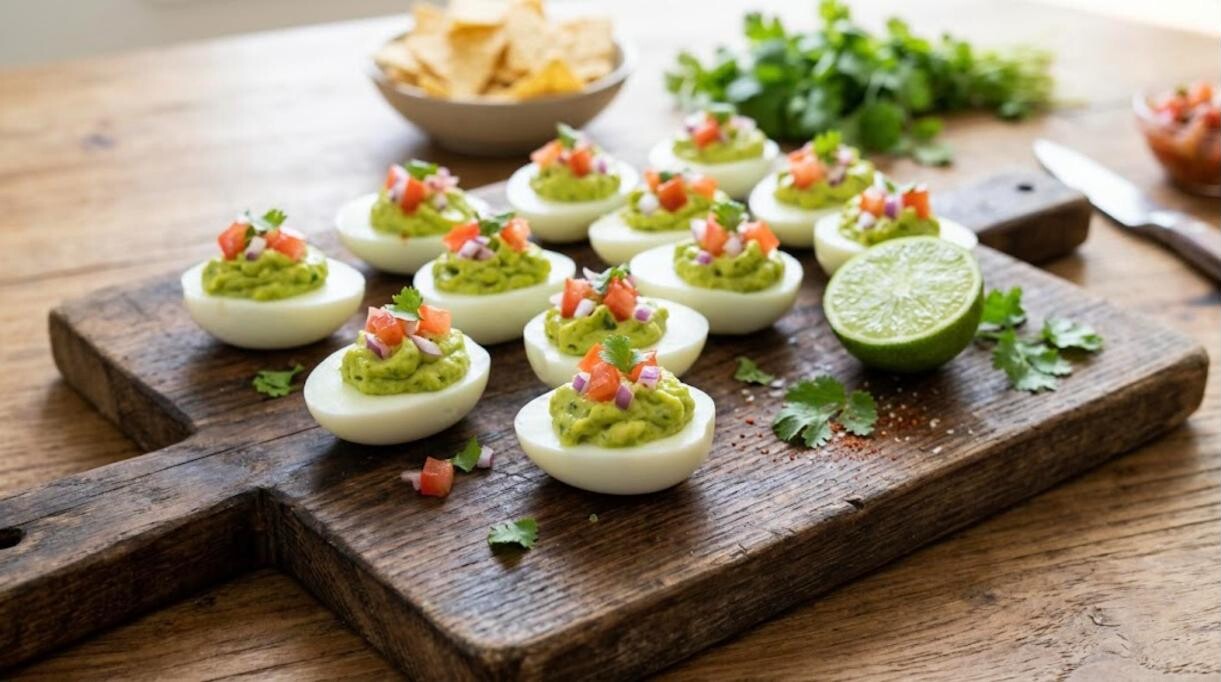 Green avocado filled bites with cilantro and tomato