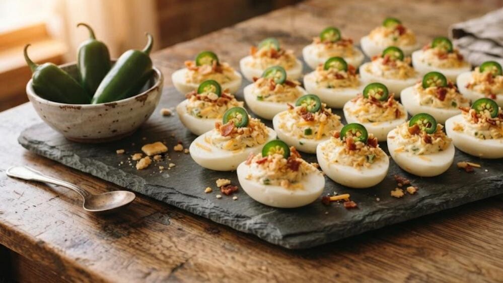 Jalapeno popper deviled eggs with cheddar and jalapeno slices