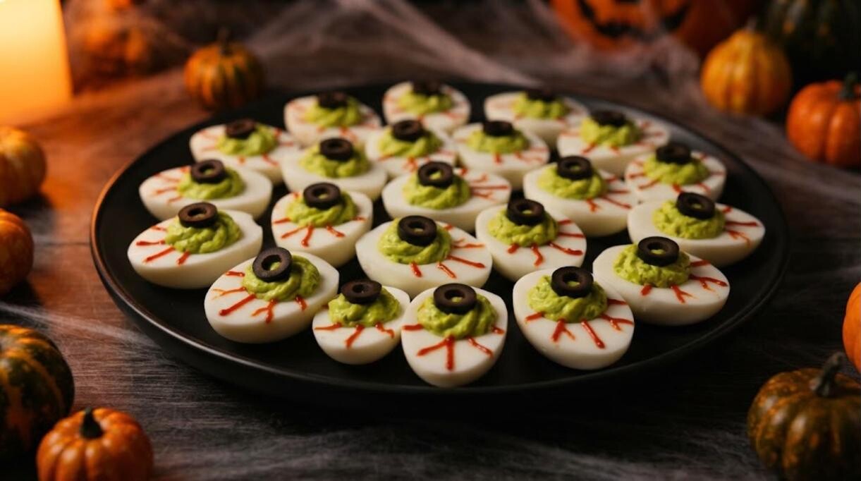 Halloween monster eye deviled eggs with green filling and olive pupils