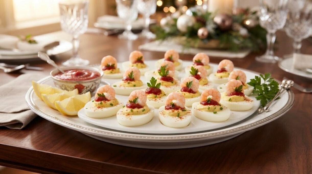 Shrimp and cocktail sauce appetizers on a platter