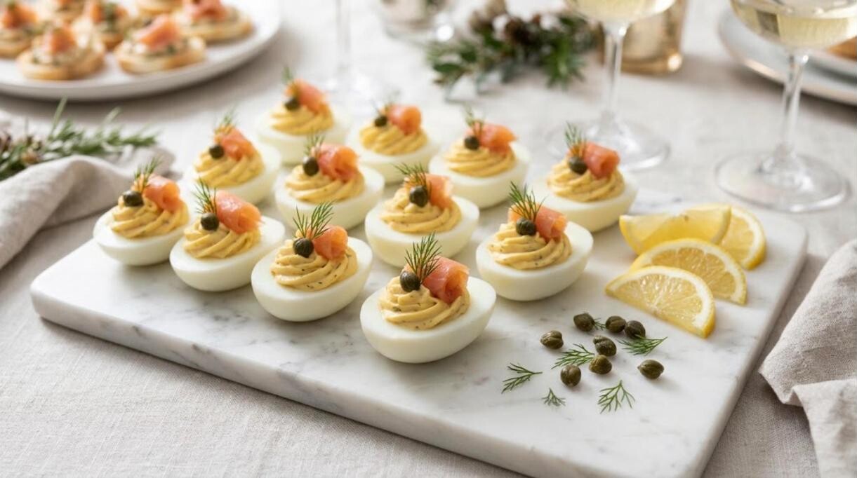 Deviled eggs topped with smoked salmon, capers and dill