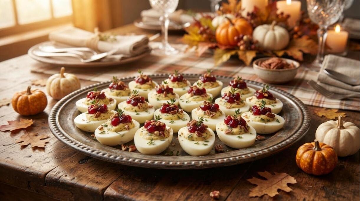 Thanksgiving deviled eggs topped with cranberry sauce and pecans