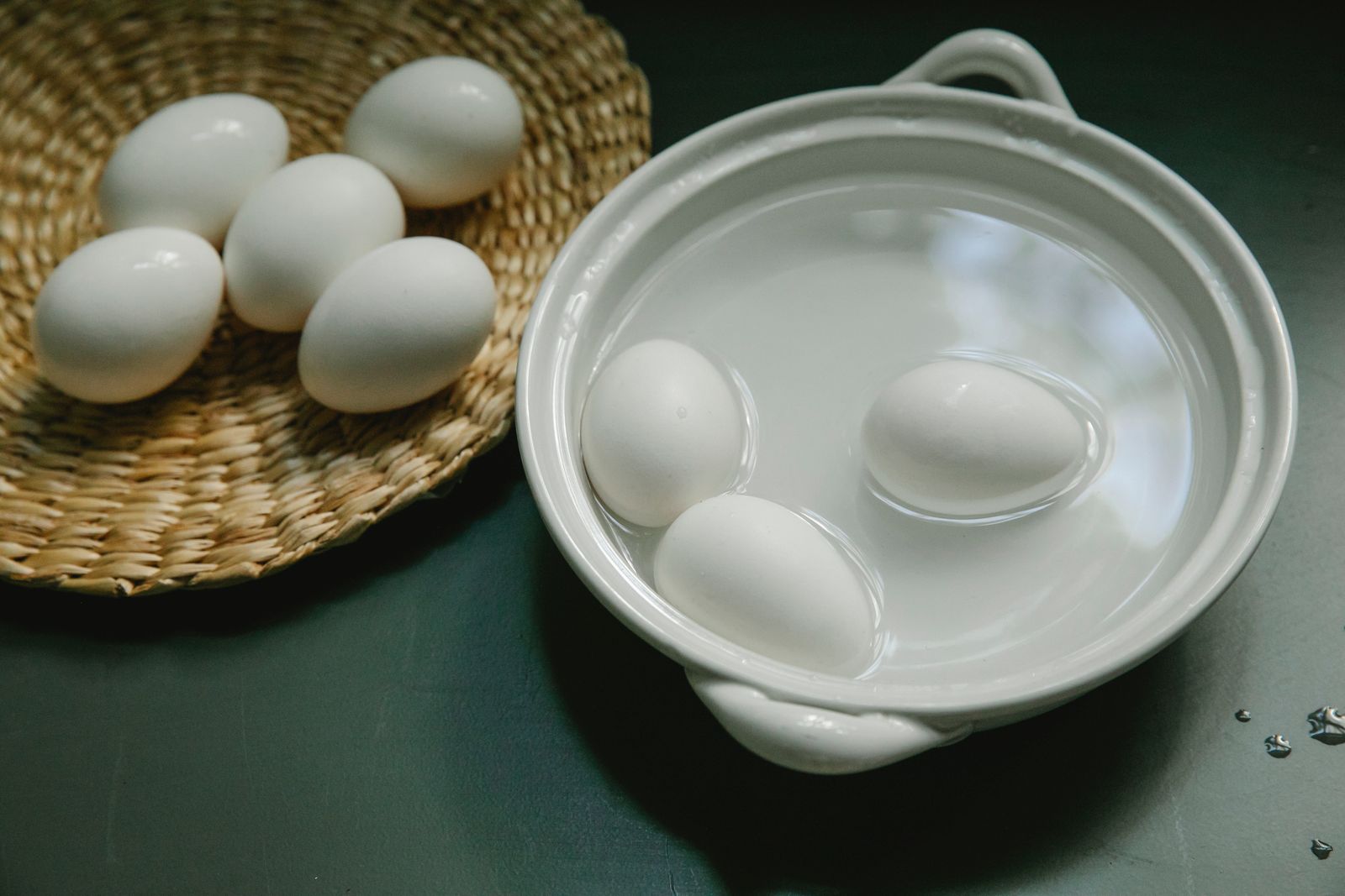Boiled eggs in a saucepan ready for deviled eggs