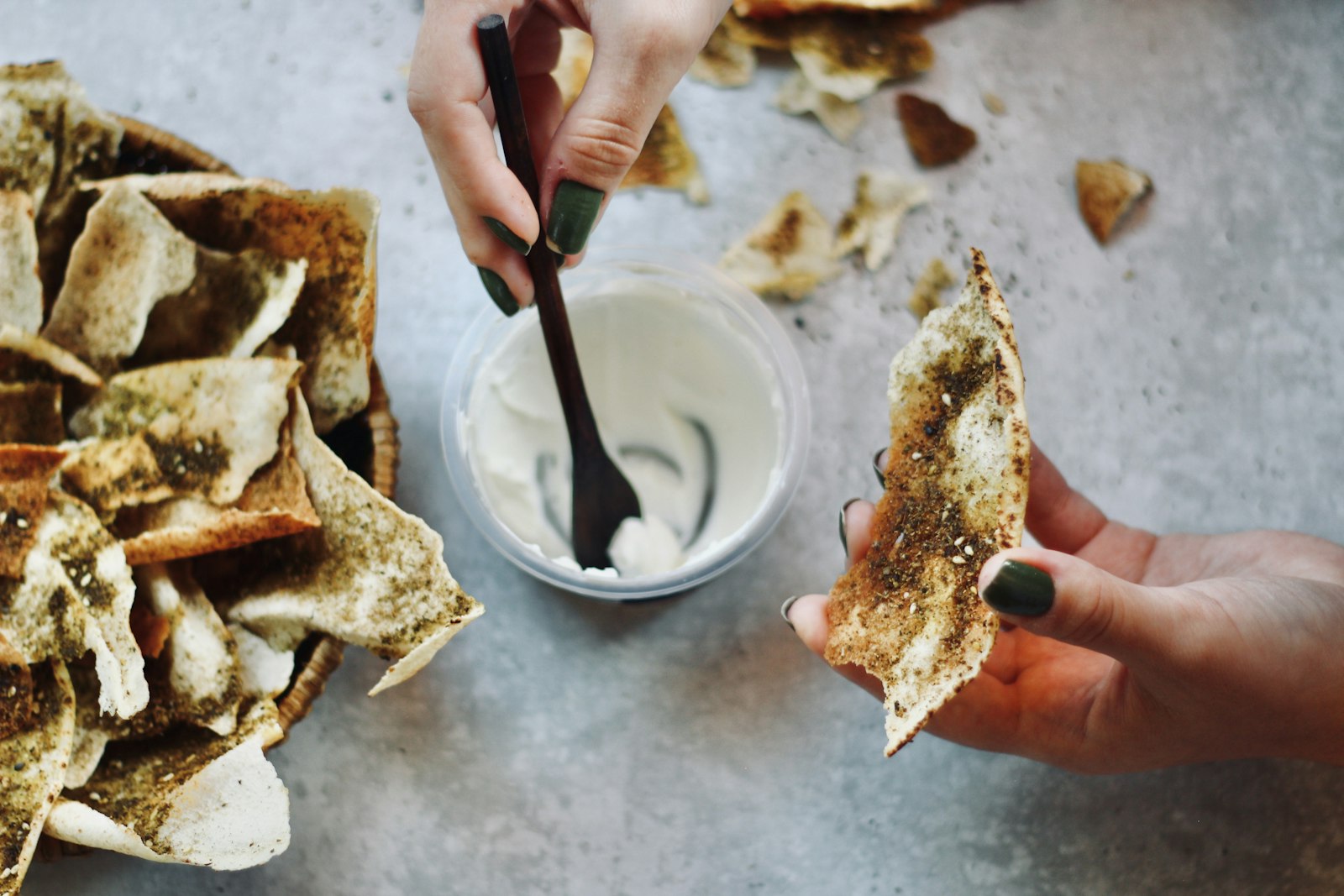 Crispy pita chips with a creamy dip