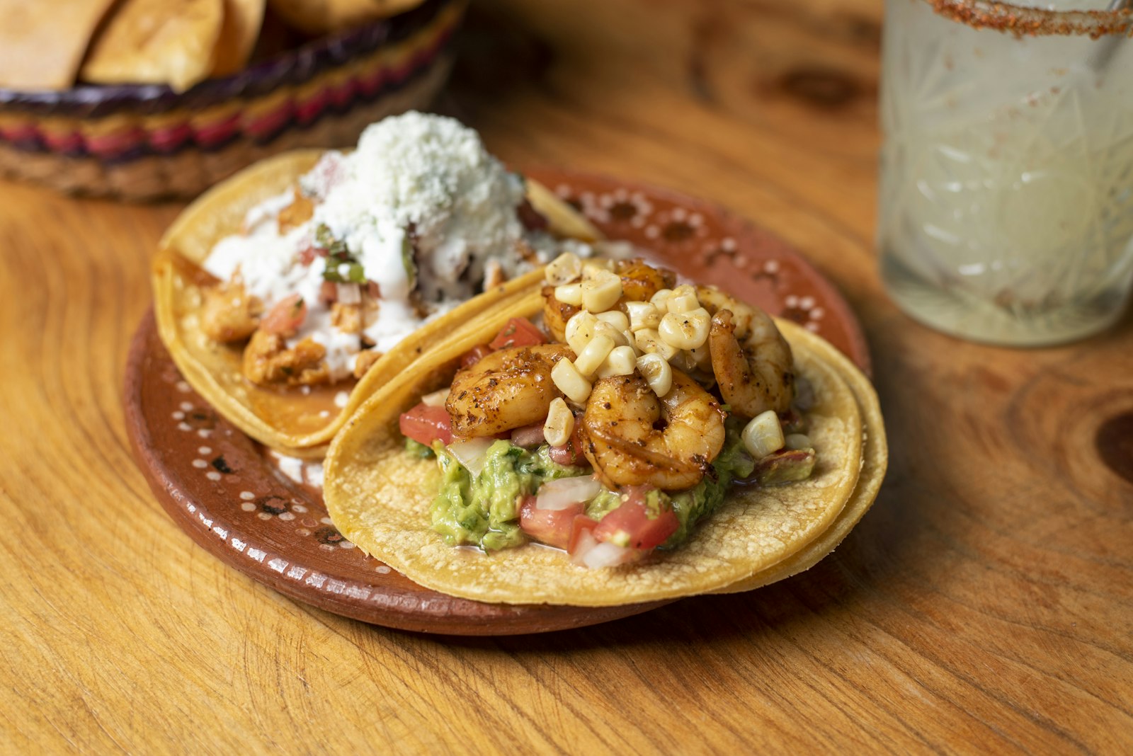 Crispy tortillas topped with seasoned shrimp